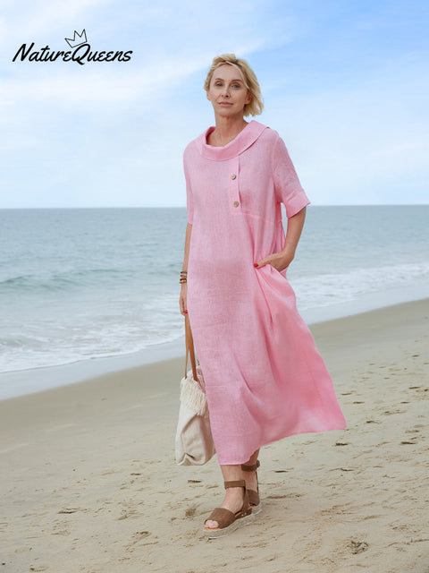 Women's Peter Pan Collar Loose Casual Short Sleeve Linen Dress