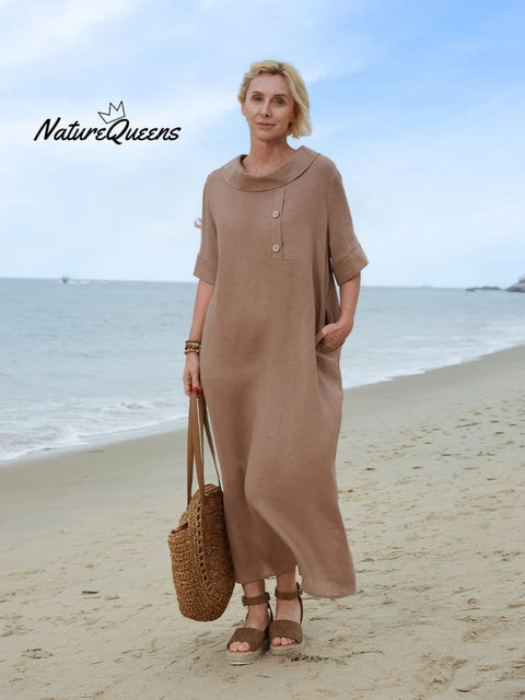 Women's Peter Pan Collar Loose Casual Short Sleeve Linen Dress