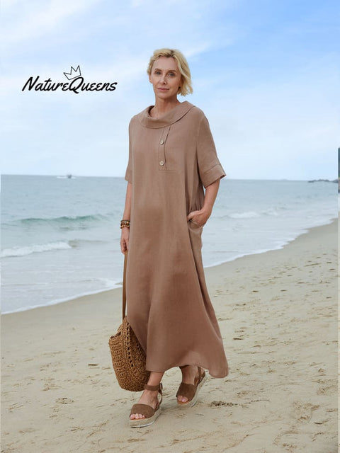 Women's Peter Pan Collar Loose Casual Short Sleeve Linen Dress