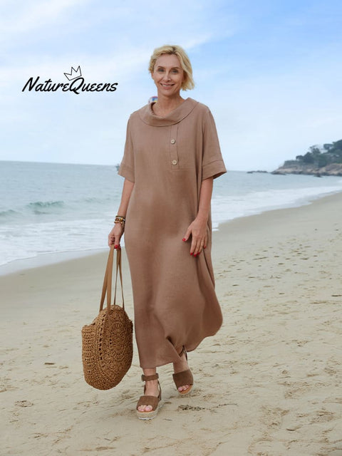 Women's Peter Pan Collar Loose Casual Short Sleeve Linen Dress