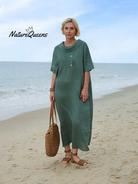 Women's Peter Pan Collar Loose Casual Short Sleeve Linen Dress
