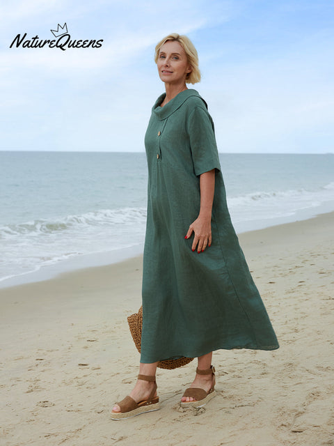 Women's Peter Pan Collar Loose Casual Short Sleeve Linen Dress