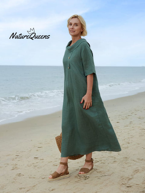 Women's Peter Pan Collar Loose Casual Short Sleeve Linen Dress