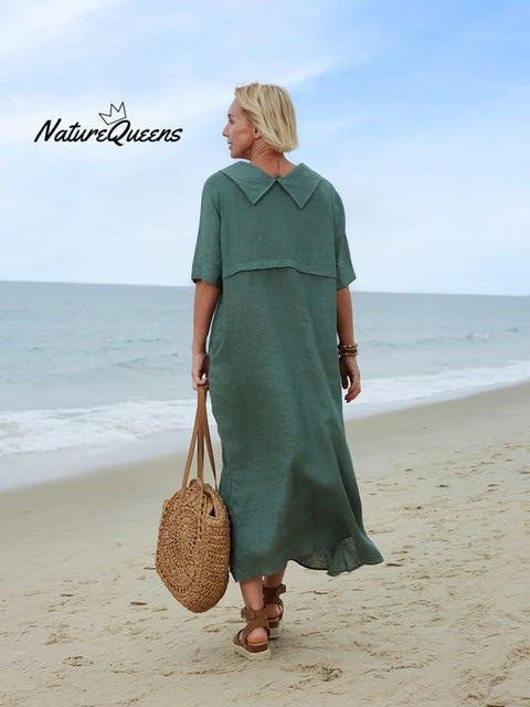 Women's Peter Pan Collar Loose Casual Short Sleeve Linen Dress