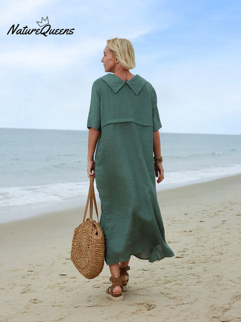 Women's Peter Pan Collar Loose Casual Short Sleeve Linen Dress