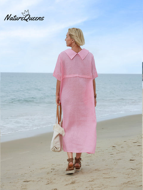 Women's Peter Pan Collar Loose Casual Short Sleeve Linen Dress