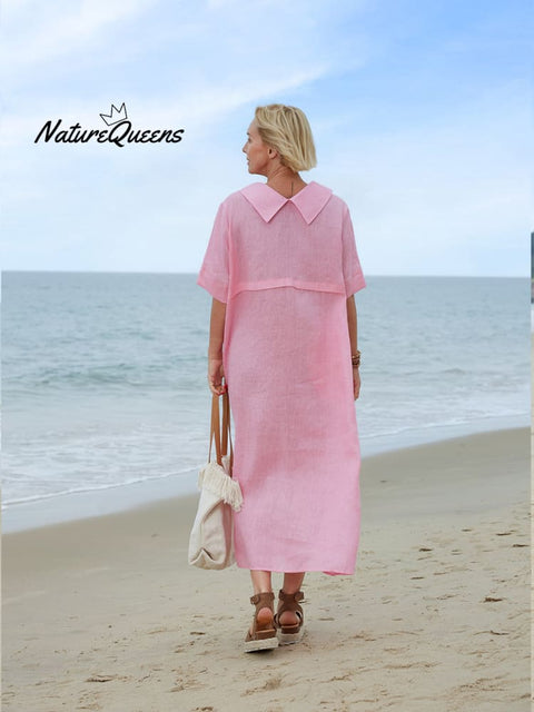 Women's Peter Pan Collar Loose Casual Short Sleeve Linen Dress
