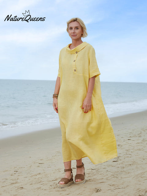 Women's Peter Pan Collar Loose Casual Short Sleeve Linen Dress