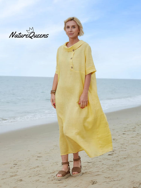 Women's Peter Pan Collar Loose Casual Short Sleeve Linen Dress