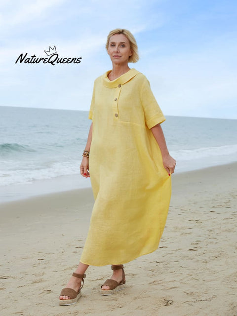 Women's Peter Pan Collar Loose Casual Short Sleeve Linen Dress