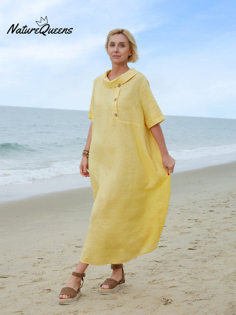 Women's Peter Pan Collar Loose Casual Short Sleeve Linen Dress