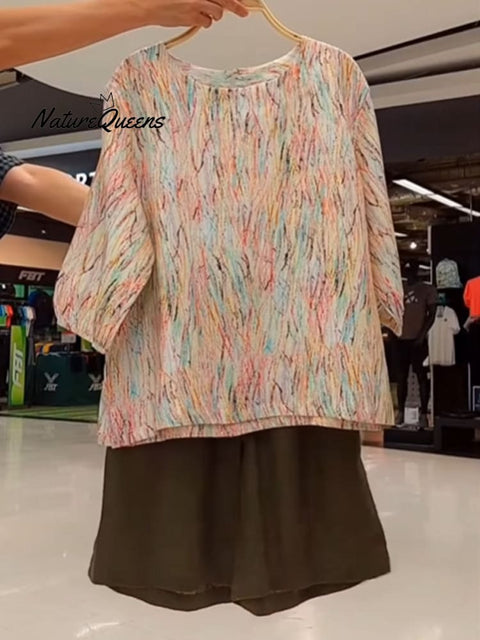 Women's Floral Print Cotton and Linen Top and Sepia Shorts Set