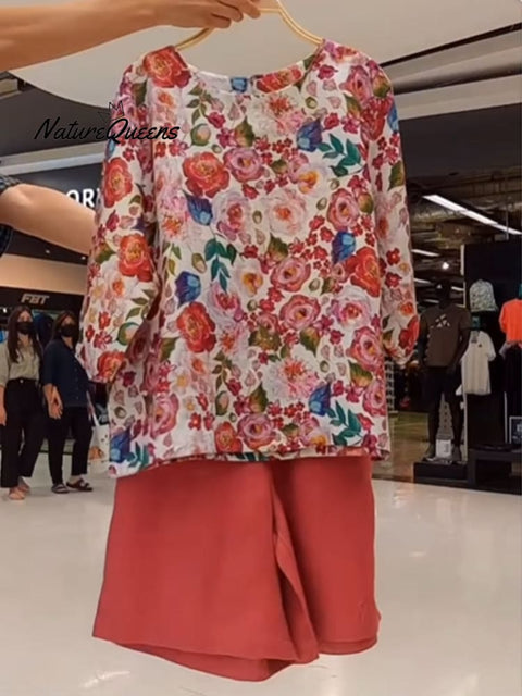 Women's Floral Print Cotton and Linen Top and Red Shorts Set