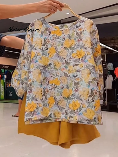 Women's Floral Print Cotton and Linen Top and Orange Shorts Set
