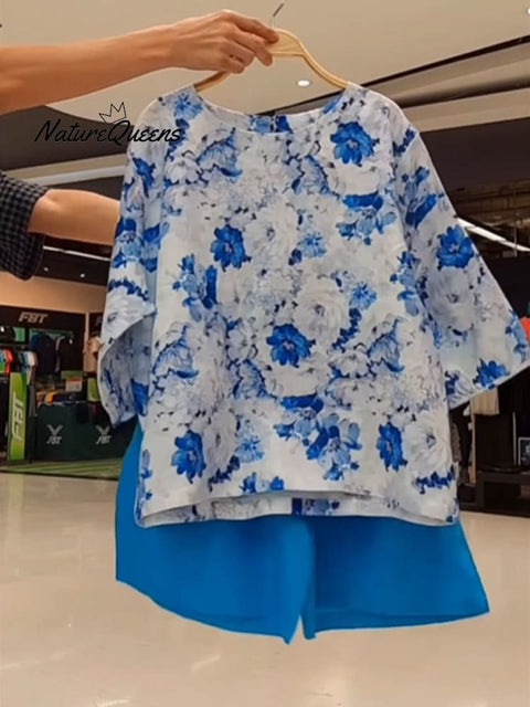 Women's Floral Print Cotton and Linen Top and Blue Shorts Set