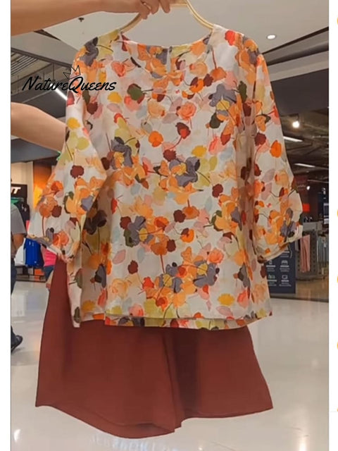 Women's Floral Print Cotton and Linen Top and Brown Shorts Set