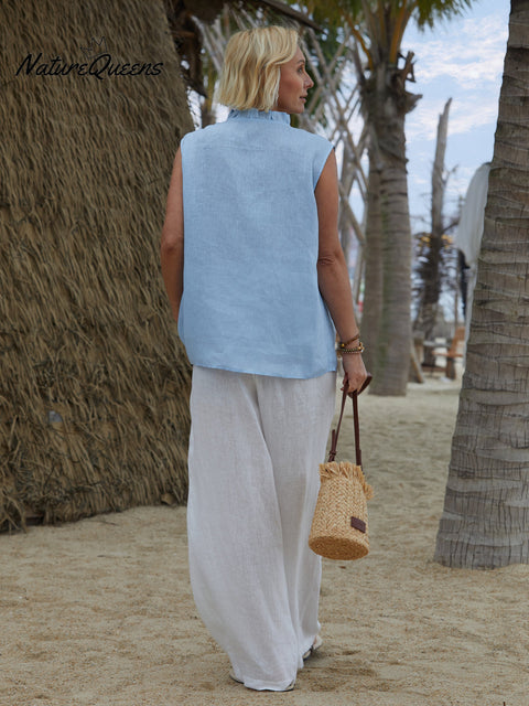 100% Linen Women's Casual Sleeveless Linen Ruffle Shirt