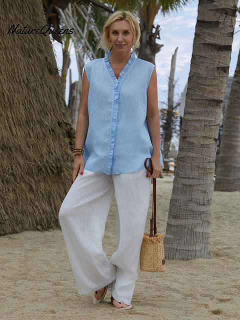 100% Linen Women's Casual Sleeveless Linen Ruffle Shirt