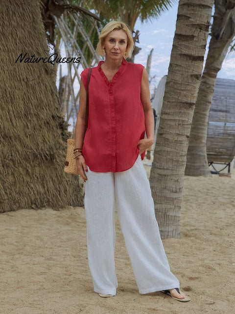Women's Casual Sleeveless Linen Ruffle Shirt