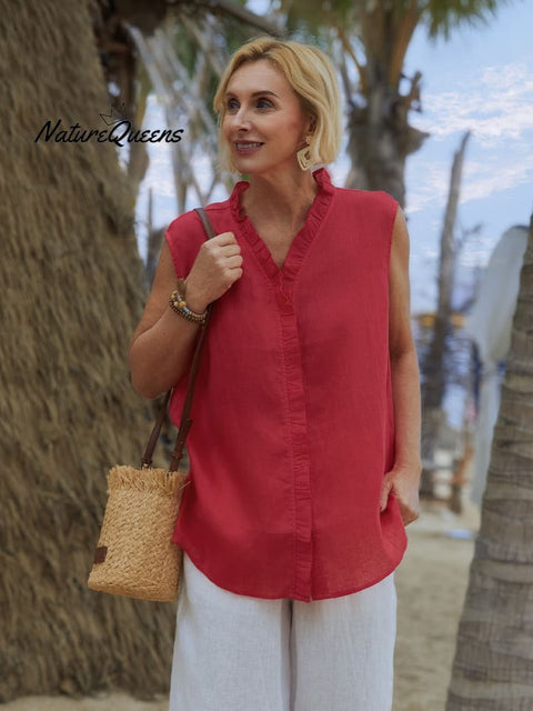 Women's Casual Sleeveless Linen Ruffle Shirt