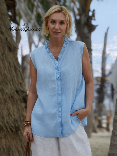 Women's Casual Sleeveless Linen Ruffle Shirt