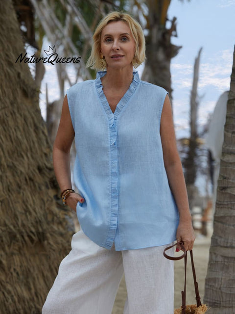 Women's Casual Sleeveless Linen Ruffle Shirt