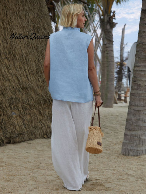 Women's Casual Sleeveless Linen Ruffle Shirt