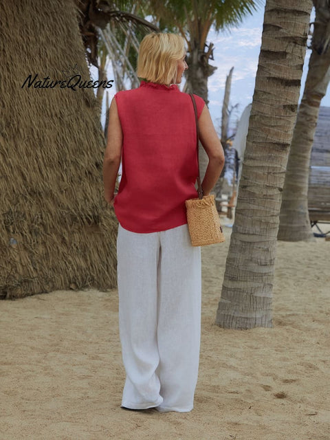 Women's Casual Sleeveless Linen Ruffle Shirt