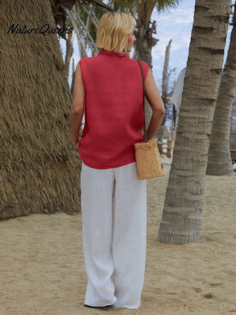 100% Linen Women's Casual Sleeveless Linen Ruffle Shirt