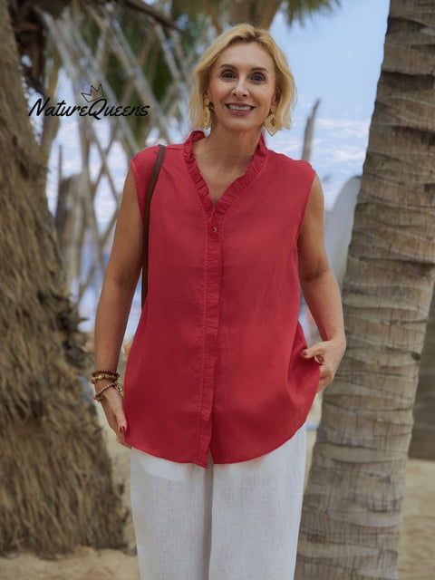 Women's Casual Sleeveless Linen Ruffle Shirt