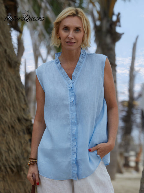 100% Linen Women's Casual Sleeveless Linen Ruffle Shirt