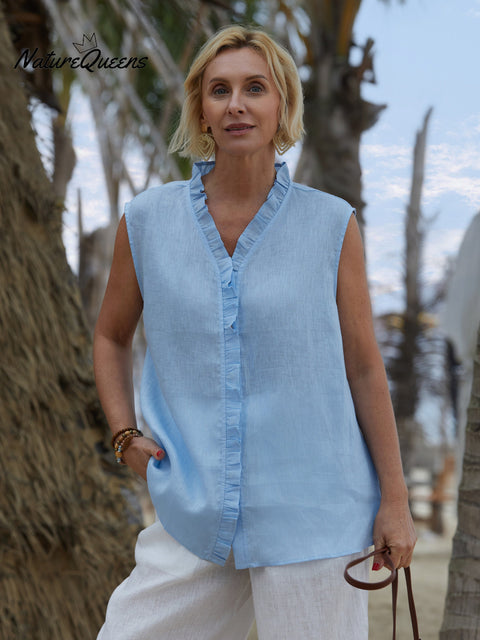 100% Linen Women's Casual Sleeveless Linen Ruffle Shirt