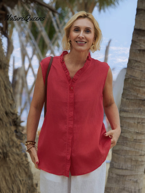 100% Linen Women's Casual Sleeveless Linen Ruffle Shirt
