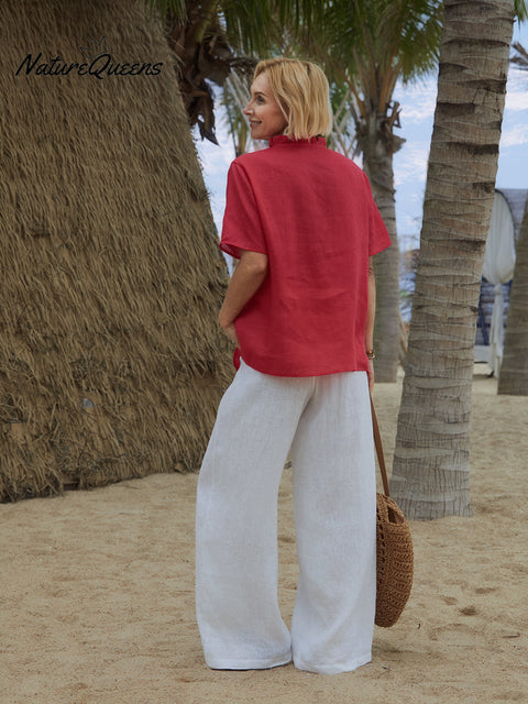 Women's Casual Short Sleeve 100% Linen Ruffle Shirt