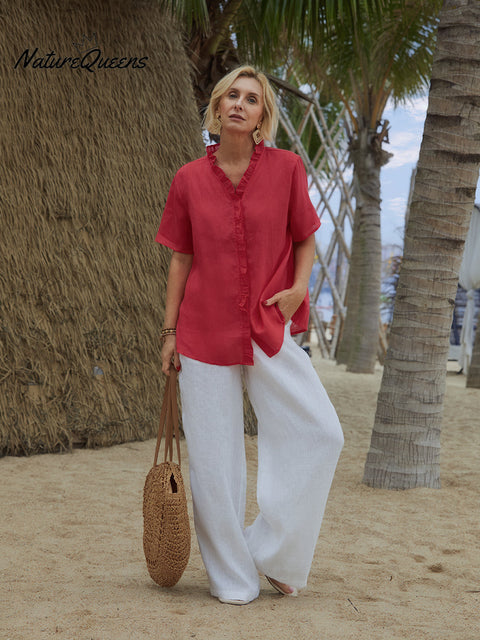 Women's Casual Short Sleeve 100% Linen Ruffle Shirt