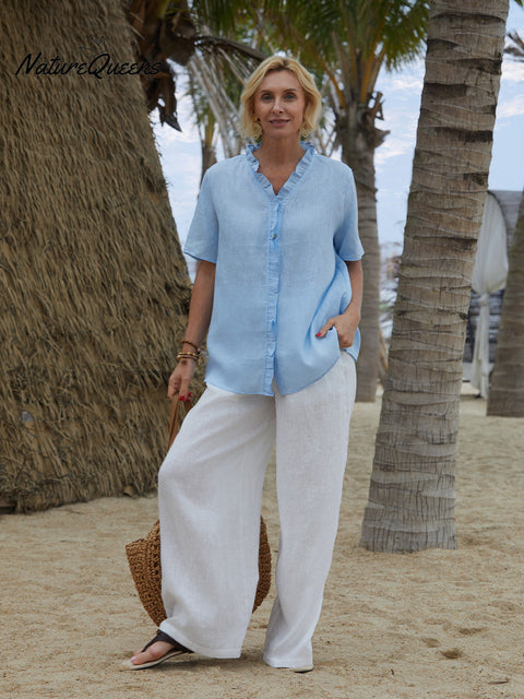 Women's Casual Short Sleeve 100% Linen Ruffle Shirt