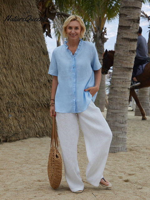 Women's Casual Short Sleeve 100% Linen Ruffle Shirt