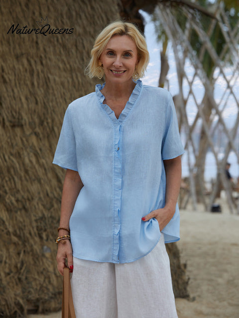 Women's Casual Short Sleeve 100% Linen Ruffle Shirt