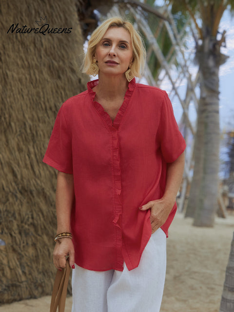 Women's Casual Short Sleeve 100% Linen Ruffle Shirt