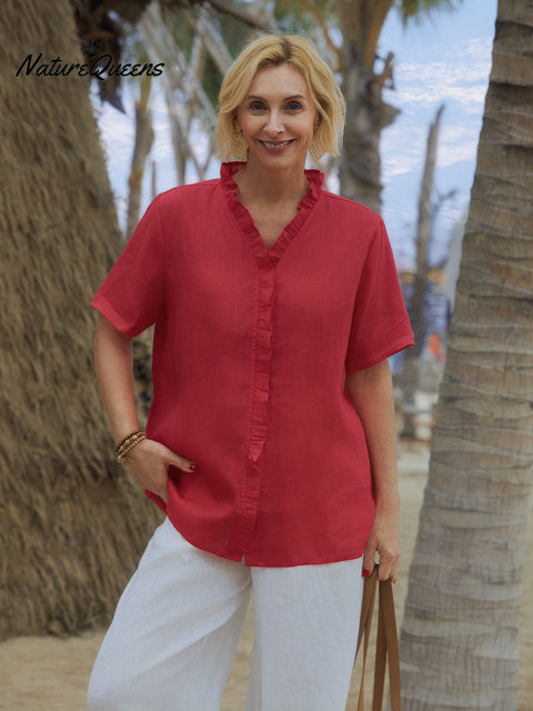 Women's Casual Short Sleeve 100% Linen Ruffle Shirt