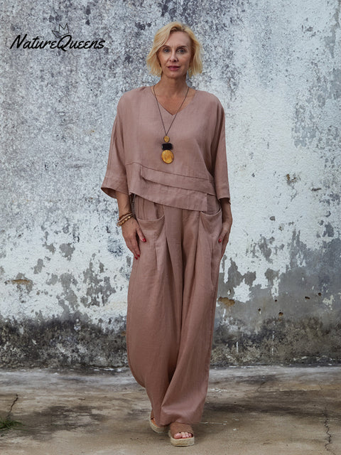 Women's 100% Linen Asymmetric Top and Pats Sets