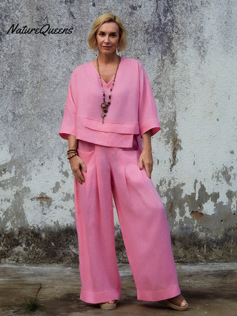 Women's 100% Linen Asymmetric Top and Pats Sets