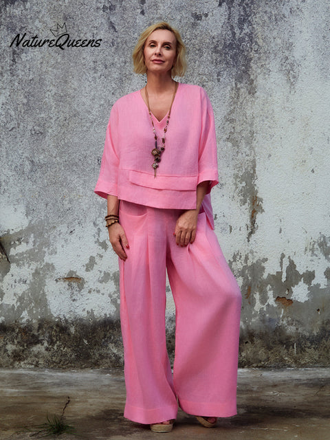Women's 100% Linen Asymmetric Top and Pats Sets