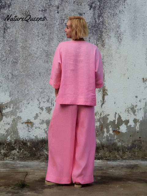 Women's 100% Linen Asymmetric Top and Pats Sets