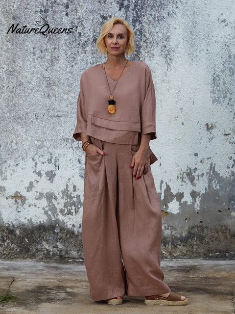 Women's 100% Linen Asymmetric Top and Pats Sets