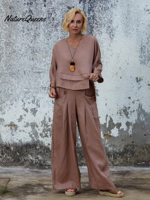 Women's 100% Linen Asymmetric Top and Pats Sets