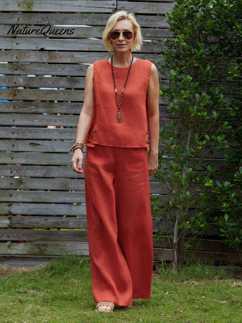 Women's 100% Linen Sleeveless Top and Pats Sets