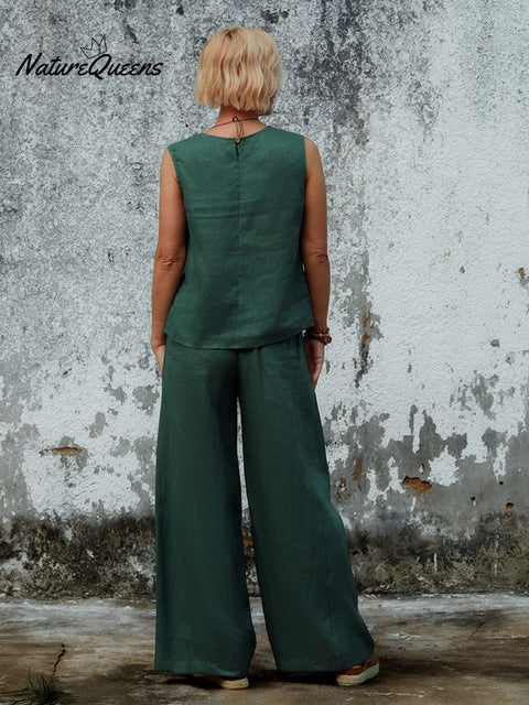 Women's 100% Linen Sleeveless Top and Pats Sets