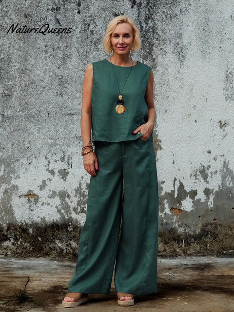 Women's 100% Linen Sleeveless Top and Pats Sets
