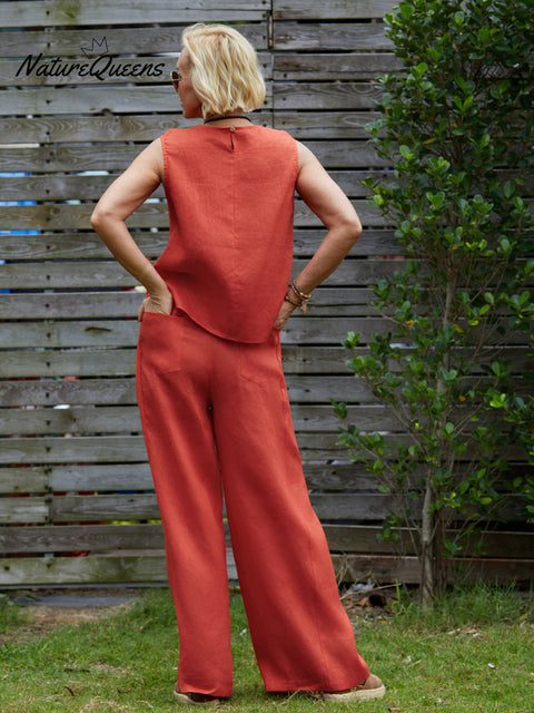 Women's 100% Linen Sleeveless Top and Pats Sets